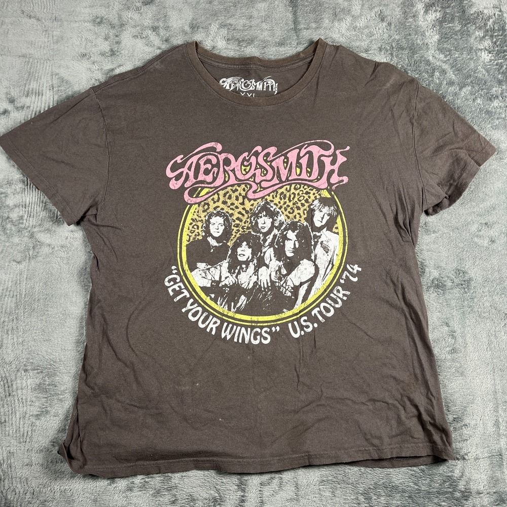 Aerosmith T Shirt Womens 2XL Brown Get Your Wings U.S. Tour 74 Band Graphic Logo